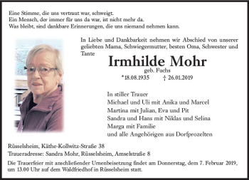 Traueranzeige von Irmhilde Mohr von vrm-trauer