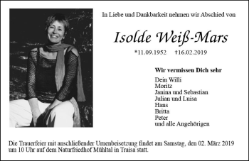 Traueranzeige von Isolde Weiß-Mars von vrm-trauer