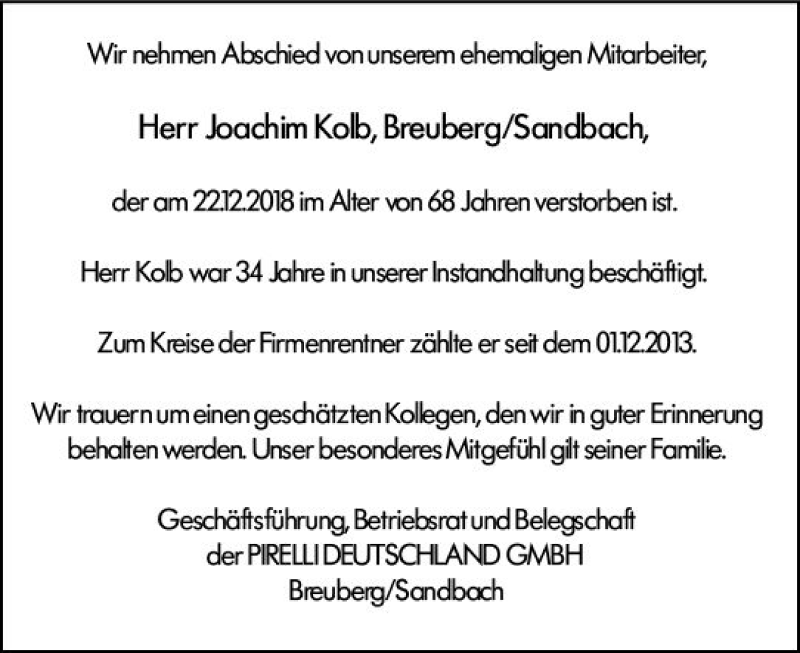  Traueranzeige für Joachim Kolb vom 01.02.2019 aus vrm-trauer