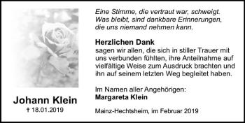Traueranzeige von Johann Klein von vrm-trauer