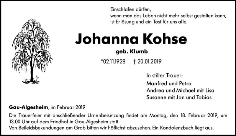  Traueranzeige für Johanna Kohse vom 12.02.2019 aus vrm-trauer