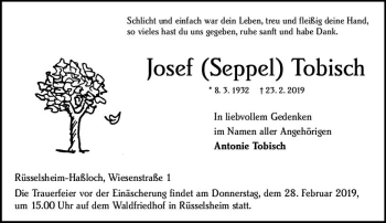 Traueranzeige von Josef Seppel Tobisch von vrm-trauer