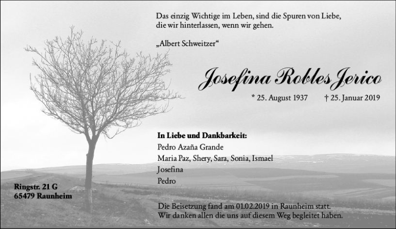  Traueranzeige für Josefina Robles Jerico vom 05.02.2019 aus vrm-trauer