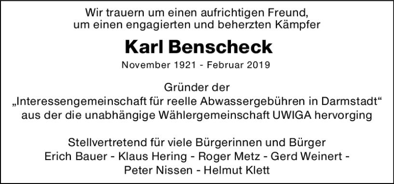  Traueranzeige für Karl Benscheck vom 20.02.2019 aus vrm-trauer