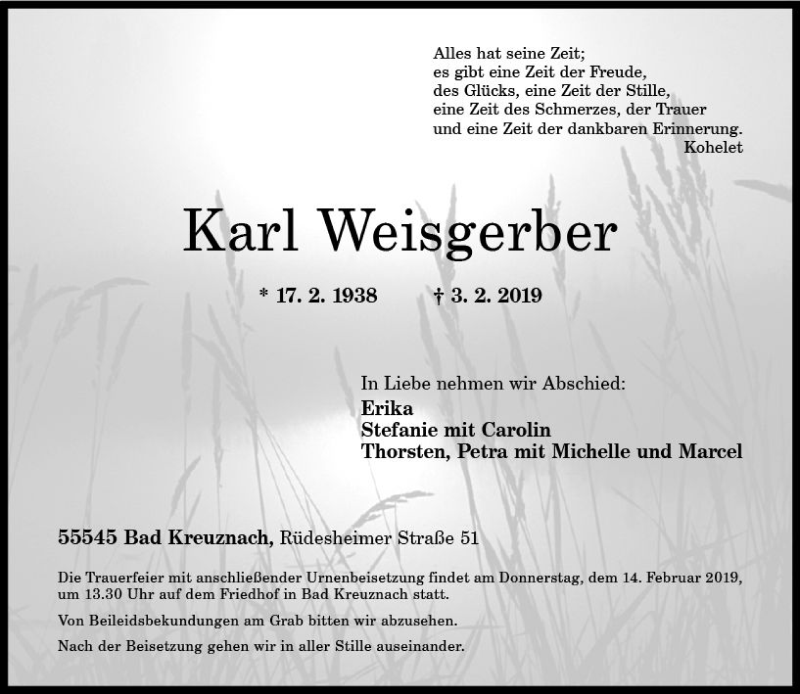  Traueranzeige für Karl Weisgerber vom 09.02.2019 aus vrm-trauer