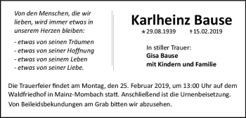 Traueranzeige von Karlheinz Bause von vrm-trauer