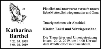 Traueranzeige von Katharina Barthel von vrm-trauer