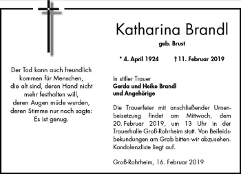 Traueranzeige von Katharina Brandl von vrm-trauer