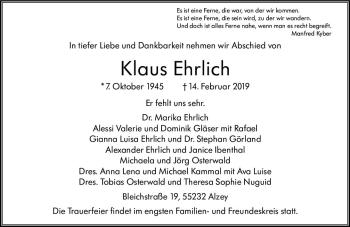 Traueranzeige von Klaus Ehrlich von vrm-trauer