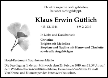 Traueranzeige von Klaus Erwin Gütlich von vrm-trauer