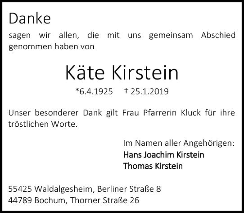  Traueranzeige für Käte Kirstein vom 23.02.2019 aus vrm-trauer