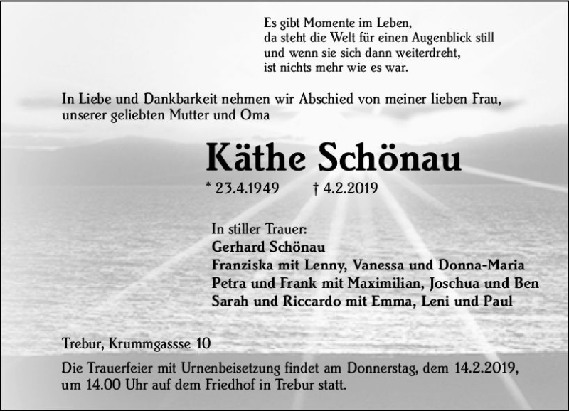  Traueranzeige für Käthe Schönau vom 11.02.2019 aus vrm-trauer