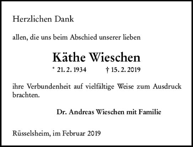  Traueranzeige für Käthe Wieschen vom 27.02.2019 aus vrm-trauer