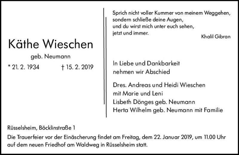  Traueranzeige für Käthe Wieschen vom 19.02.2019 aus vrm-trauer