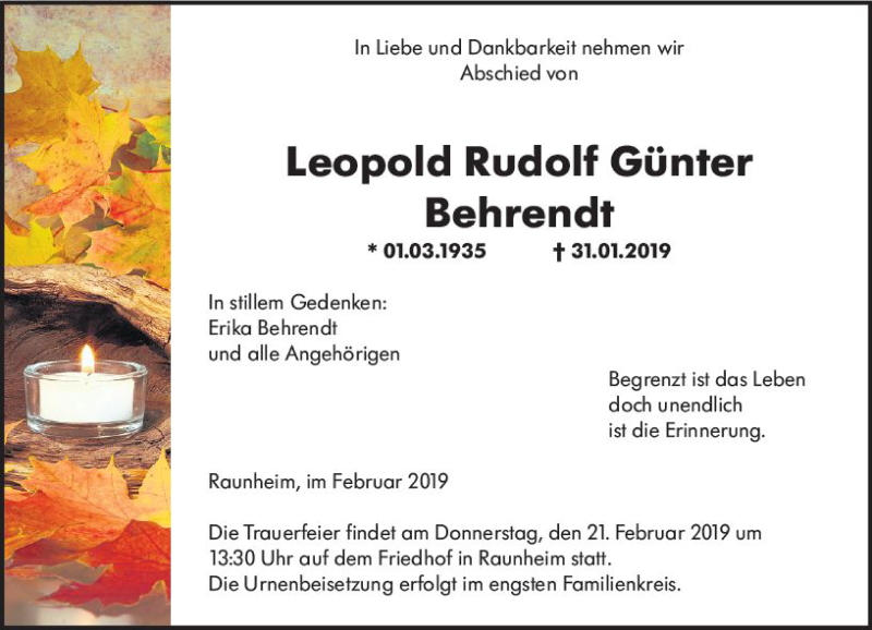  Traueranzeige für Leopold Rudolf Günter Behrendt vom 16.02.2019 aus vrm-trauer