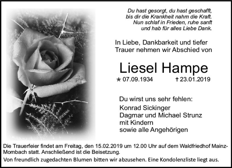  Traueranzeige für Liesel Hampe vom 13.02.2019 aus vrm-trauer