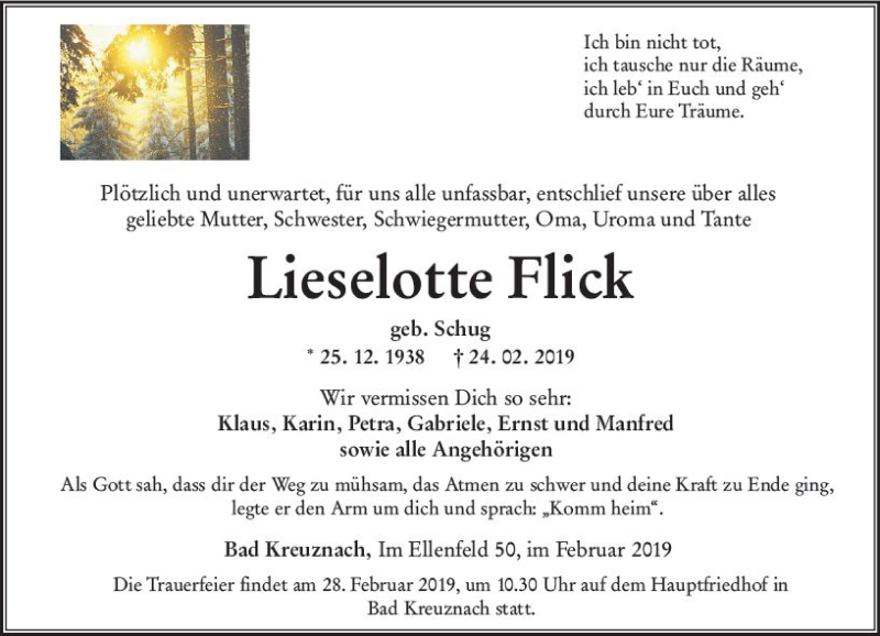  Traueranzeige für Lieselotte Flick vom 27.02.2019 aus vrm-trauer