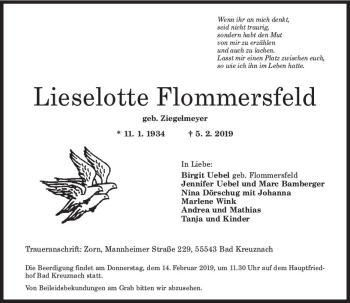 Traueranzeige von Lieselotte Flommersfeld von vrm-trauer