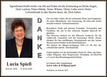 Traueranzeige von Lucia Spieß von vrm-trauer