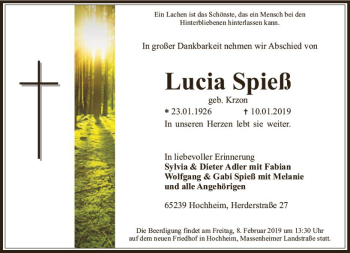 Traueranzeige von Lucia Spieß von vrm-trauer