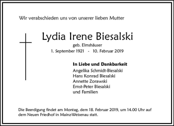 Traueranzeige von Lydia Irene Biesalski von vrm-trauer