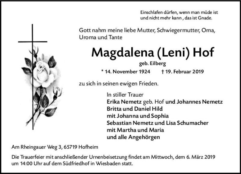  Traueranzeige für Magdalena Leni Hof vom 23.02.2019 aus vrm-trauer