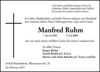 Traueranzeige von Manfred Ruhm von vrm-trauer