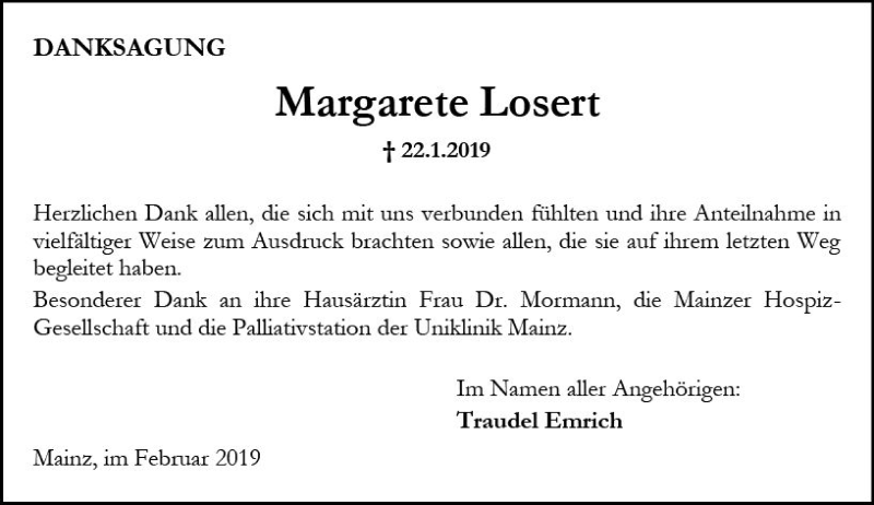  Traueranzeige für Margarete Losert vom 16.02.2019 aus vrm-trauer