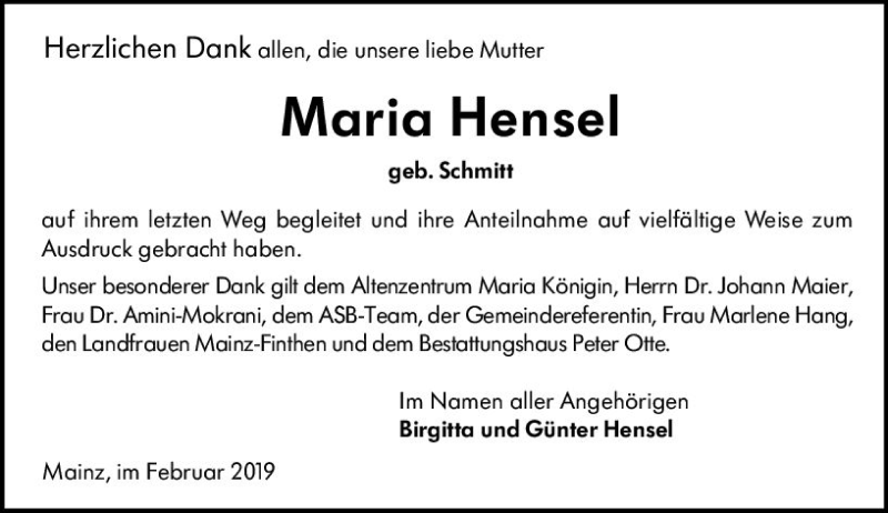  Traueranzeige für Maria Hensel vom 02.02.2019 aus vrm-trauer
