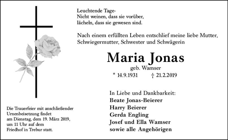  Traueranzeige für Maria Jonas vom 28.02.2019 aus vrm-trauer