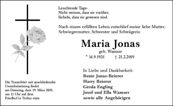 Traueranzeige von Maria Jonas von vrm-trauer