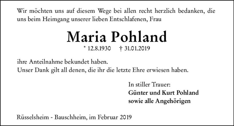  Traueranzeige für Maria Pohland vom 23.02.2019 aus vrm-trauer