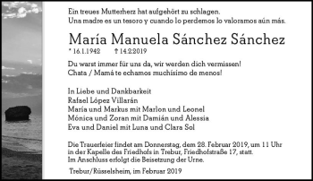 Traueranzeige von Maria Manuela Sanchez Sanchez von vrm-trauer