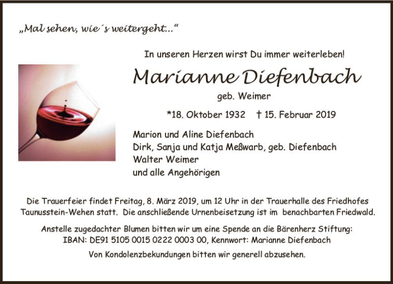  Traueranzeige für Marianne Diefenbach vom 23.02.2019 aus vrm-trauer