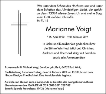 Traueranzeige von Marianne Voigt von vrm-trauer