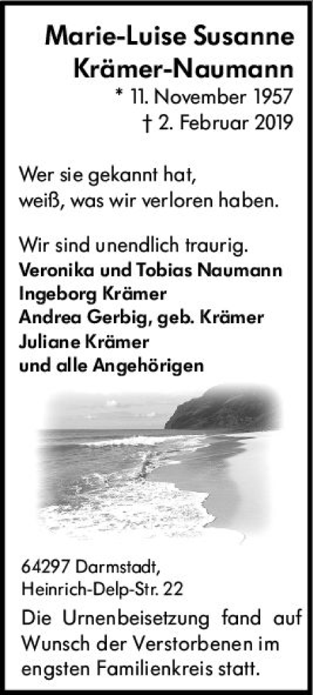  Traueranzeige für Marie-Luise Susanne Krämer-Naumann vom 16.02.2019 aus vrm-trauer
