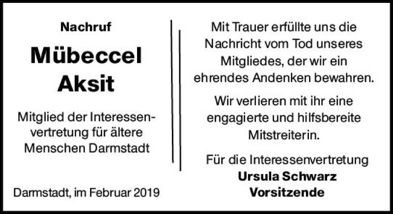  Traueranzeige für Mübeccel Aksit vom 23.02.2019 aus vrm-trauer