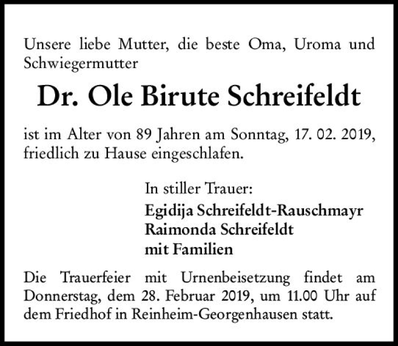  Traueranzeige für Ole Birute Schreifeldt vom 23.02.2019 aus vrm-trauer