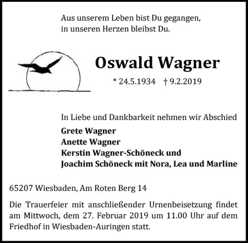  Traueranzeige für Oswald Wagner vom 16.02.2019 aus vrm-trauer