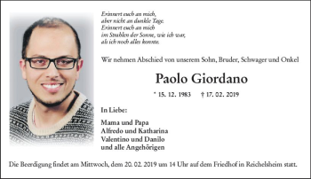 Traueranzeige von Paolo Giordano von vrm-trauer