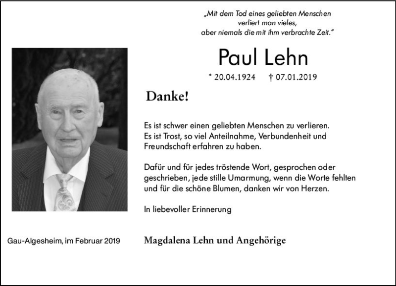  Traueranzeige für Paul Lehn vom 09.02.2019 aus vrm-trauer