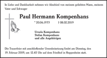 Traueranzeige von Paul Hermann Kompenhans von vrm-trauer