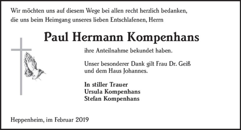  Traueranzeige für Paul Hermann Kompenhans vom 23.02.2019 aus vrm-trauer