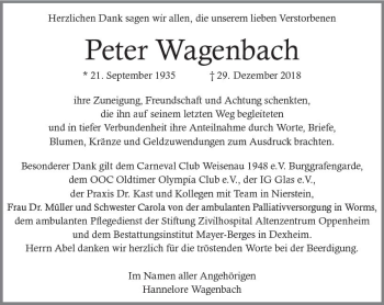Traueranzeige von Peter Wagenbach von vrm-trauer
