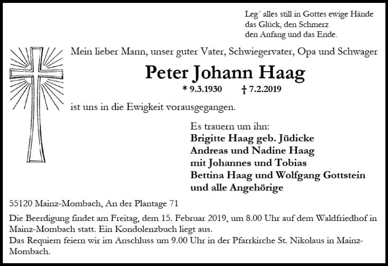  Traueranzeige für Peter Johann Haag vom 12.02.2019 aus vrm-trauer