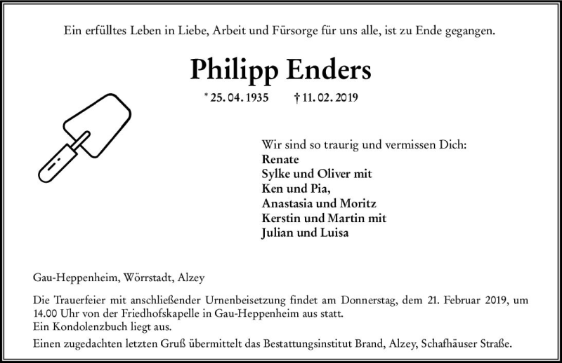  Traueranzeige für Philipp Enders vom 15.02.2019 aus vrm-trauer
