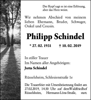 Traueranzeige von Philipp Schindel von vrm-trauer