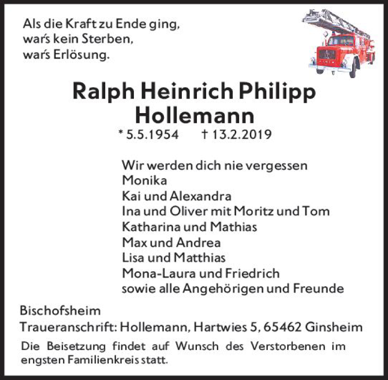  Traueranzeige für Ralph Heinrich Philipp Hollemann vom 21.02.2019 aus vrm-trauer