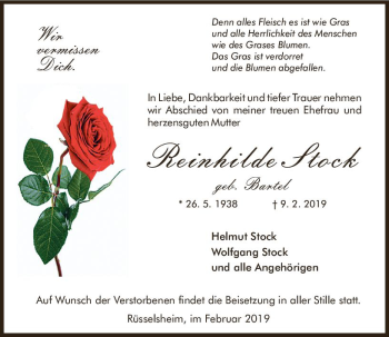Traueranzeige von Reinhilde Stock von vrm-trauer