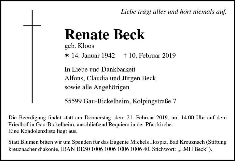  Traueranzeige für Renate Beck vom 16.02.2019 aus vrm-trauer